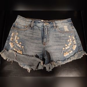 Free People Tribal Embroidered Denim Jean Shorts - 28